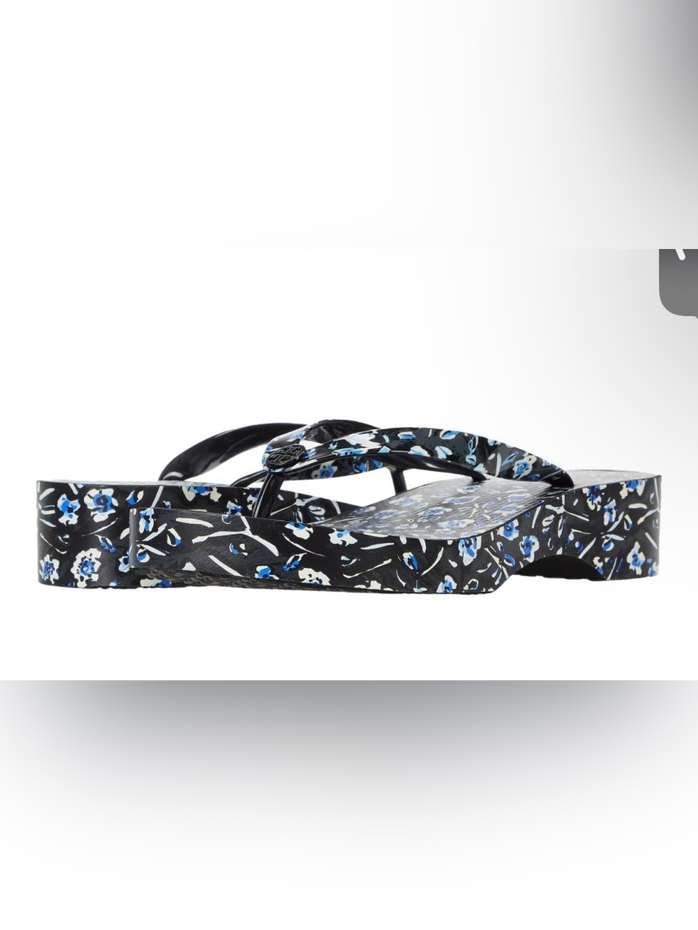Tory Burch Black Floral Print Jelly Thong Sandal with Blue Accents